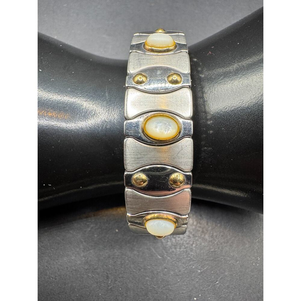 Zoppini Italy Stainless Steel 750 18k Gold Pearl Accents Stretch Bracelet